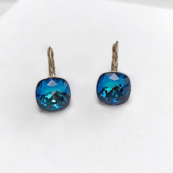 The Spotted Sparrow Jewelry - Swarovski Crystal Denim Gold Cushion Earrings